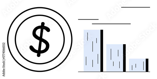 Dollar symbol next to a descending bar chart indicating financial loss, reduced profits, or declining trends. Ideal for economics, business, finance, investment, market analysis, risk management