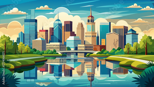 Very beautiful panoramic view of Indianapolis, Indiana, USA skyline along the White River, featuring modern skyscrapers, reflections on the water, and lush riverside greenery under a bright sky.