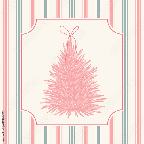 Retro Christmas card vector. Silly hand-drawn pink fir and bow on a pastel striped background. Trendy design for social media, fabric print, and product packaging.