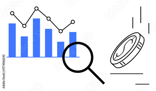 Bar graph and trend line with magnifying glass and falling coin, representing data analysis, finance, success, growth monitoring. Ideal for management, investment, research, economy progress
