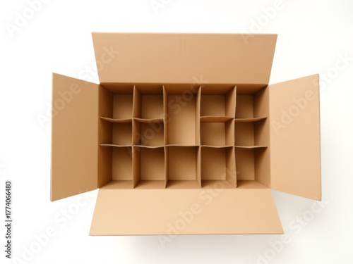 Empty Kraft Brown Cardboard Wine Box with Dividers Isolated