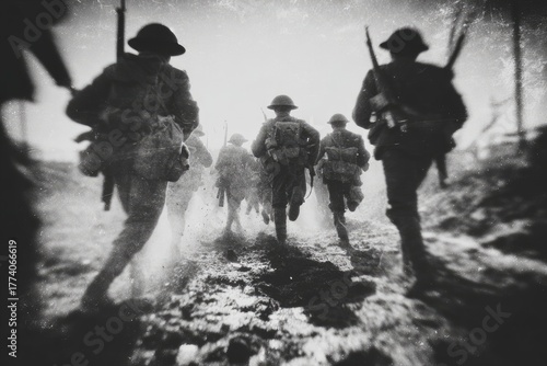 Soldiers advancing through muddy terrain during World War I in black and white photo capturing the intensity of battle