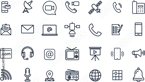 Digital Communication& Media Connectivity Icon Set: Monoline Symbols for Telecommunication Networks and Customer Service Platforms
