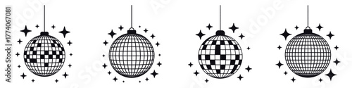 Disco Ball Vector Set – Shiny Mirror Ball Icons for New Year Party, Dance Celebration, Festive Night Event, Minimalist Black Silhouette Sparkling Decoration Design for Holiday and Celebration Art