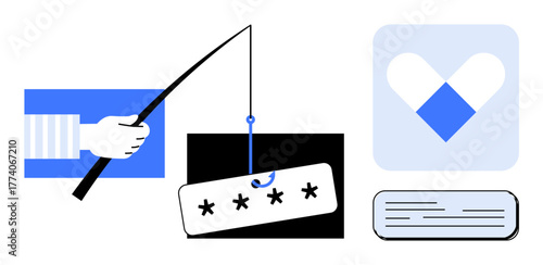 Fishing rod with password bait, app interface, and document. Ideal for cybersecurity, phishing awareness, online safety, login threats, user data protection, digital risks simple flat metaphor