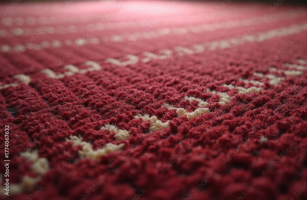 Fototapeta premium Close up photo shows textured burgundy carpet. Soft woven textile with white pattern has luxury design. Plush rug is used as decor element in home interior.