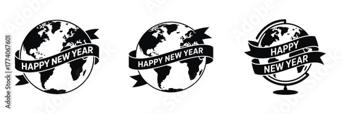 Happy New Year Around the World Vector Illustration – Globe with Ribbon Design, Global Celebration Concept, International Holiday Greeting, Festive Planet Silhouette and Worldwide Celebration Art