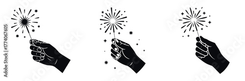 Hand Holding Sparkler Vector Illustration – Festive Firework Stick Silhouette for New Year Celebration, Holiday Party, Glowing Light, Joy, Night Festival and Winter Celebration Art