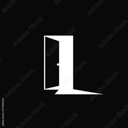 Open Door Vector Illustration – Minimalist Black and White Silhouette Symbolizing New Year, Hope, Opportunity, Future, New Beginnings and Bright Path Forward, Inspirational Concept Art
