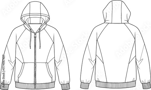 Hooded zip-up jacket technical sketch, front and back view, fashion flat drawing, garment design template, raglan sleeve outerwear illustration