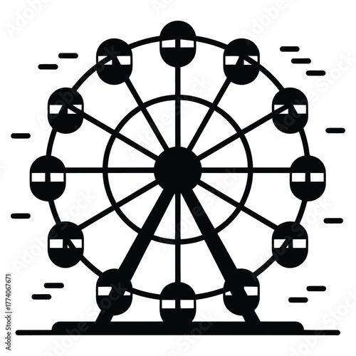 Ferris Wheel Vector Illustration – Festive Amusement Park Ride Silhouette for New Year Celebration, Holiday Carnival, Fun Fair, Entertainment, Joyful Festive Night and Celebration Design
