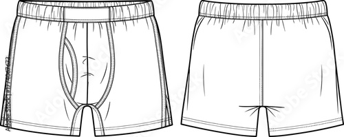 Men’s boxer briefs technical sketch, front and back view, fashion flat drawing, contoured pouch design, elastic waistband garment template illustration