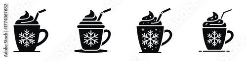 Hot Chocolate Cup Vector Set – Winter Holiday Drink Silhouette Design with Snowflake, Whipped Cream and Straw, Festive Beverage Icon for Christmas and New Year Celebration Art
