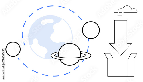 Earth and planets in orbit, open box with arrow, cloud, and minimal lines. Ideal for global reach, technology, space innovation, logistics creativity future learning. Simple flat metaphor
