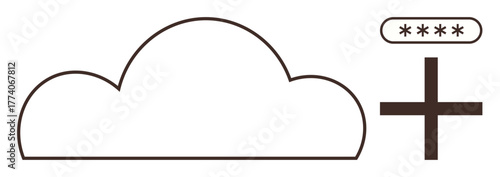 Cloud outline with password field and plus sign representing secure cloud account creation, data storage, or online backup. Ideal for technology, security, access, privacy, cloud storage, data