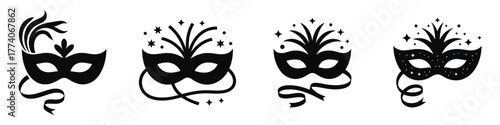 Masquerade Mask Vector Set – Festive Party Silhouette for New Year Celebration, Carnival, Holiday Ball, Elegant Costume Design, Decorative Mask with Ribbons and Sparkles Illustration