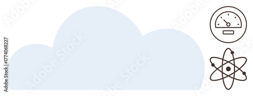 Blue cloud graphic paired with a gauge meter and atomic structure. Ideal for cloud computing, data, speed, science, innovation, connection, progress themes. Simple flat metaphor