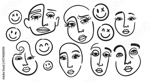 Abstract Faces and Emoticons Seamless Pattern Monochrome Background Artistic Design