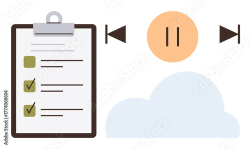 Clipboard checklist with completed tasks, audio control buttons, pause symbol, and cloud element. Ideal for productivity, organization, workflow, planning, remote work cloud storage simple flat