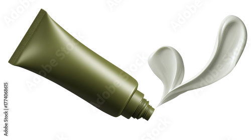 Olive green tube of face cream with open lid and white cream spilling out, on isolated background, product photo.

