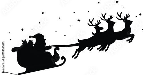 Silhouette of santa claus riding in a sleigh pulled by reindeer across a starry night sky