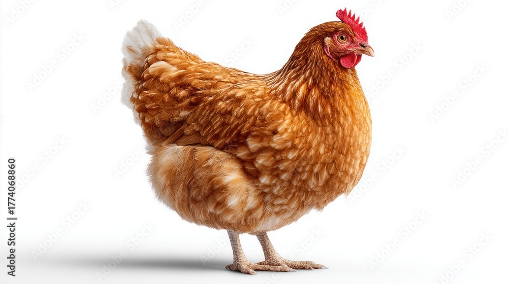 Fototapeta premium A beautiful brown hen standing on a white background, studio shot