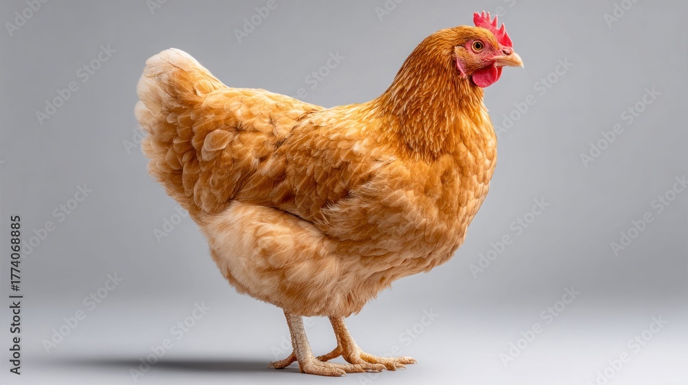 Fototapeta premium A beautiful brown hen standing on a gray background, side view