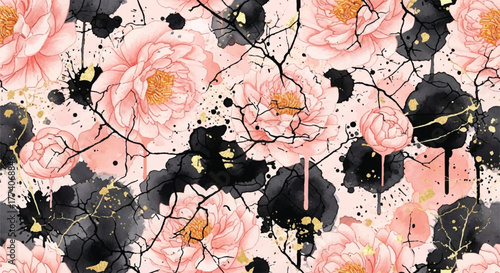 Seamless Watercolor Peony Pattern, Ink Splatter Floral Art, Elegant Botanical Texture, Modern Asian Fusion Vector