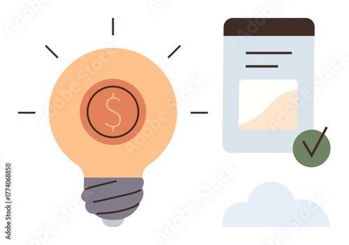 Lightbulb with dollar sign, data chart showing upward trend, and checkmark over cloud. Ideal for finance, innovation, business strategy, goal setting, success, entrepreneurship simple flat metaphor