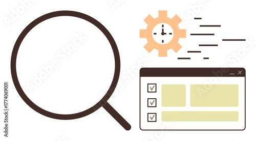 Magnifying glass, gear with clock, and interface checklist represent analysis, time optimization, and task management. Ideal for productivity, efficiency, progress, planning research workflow