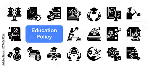 Education policy icon set with Curriculum, Assessment, Accreditation, Learning, Outcomes, Scholarship, Education funding simple vector.