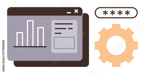 Bar chart data displayed on a dashboard with text inputs, gear representing settings, and password field for login. Ideal for analytics, UI design, cybersecurity, data control, settings management