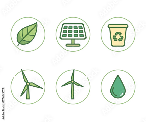 Eco Icons: A vibrant collection of circular icons, symbolizing the essence of sustainable living, encompassing solar panels, renewable energy sources, and ecological harmony. 