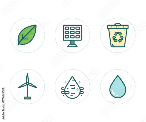 Eco-Friendly Icons: A visual collection of environmentally conscious symbols. Illustrating key elements of sustainability and green living.