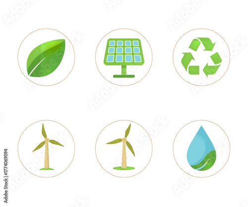 Eco-Friendly Icons: A visual collection of sustainable symbols including a leaf, solar panel, recycling icon, wind turbine, and water droplet, all united in a celebration of the environment.