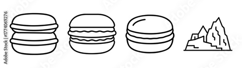 Black outline drawing of three abstract rock formations and mountain range landscape art design