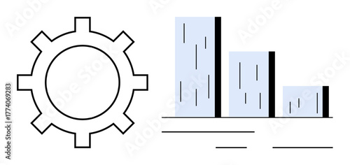 Gear beside bar graph showing mechanical function and data analysis. Ideal for productivity, statistics, innovation, business growth, efficiency, technology, process. Simple flat metaphor