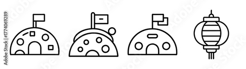 Illustration of lunar new year scene with traditional houses and chinese lantern drawing art line