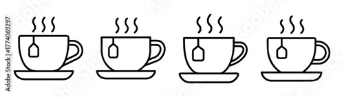 Four tea cups with tea bags and steam illustration for tea time relaxation and enjoyment concept