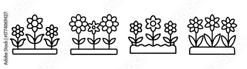 Vector drawing of flower garden plants in pots, black and white floral arrangement clip art design