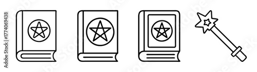 Magic spell books with pentagram and star wand illustration for witchcraft and wizardry art