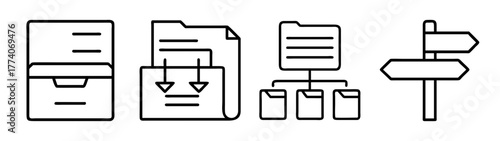 Illustration of file cabinet, document transfer, file structure and signpost for navigation and data