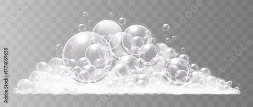 White foamy soap with bubbles on transparent background. Realistic vector illustration.