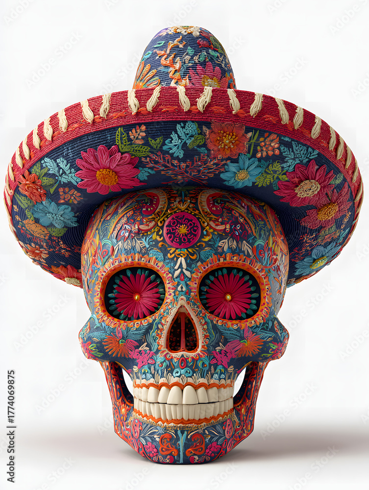 Naklejka premium Colorful 3D illustration of a bright floral-patterned Mexican skull with a festive sombrero, dramatic shadows, and a clean white backdrop.