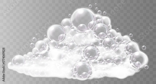 Realistic clean soap foam and air bubbles isolated on transparent background. Vector illustration.