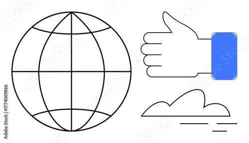 Globe with latitude-longitude lines, thumbs-up symbol, and cloud. Ideal for connection, technology, internet, innovation, data approval cloud computing. Minimalist simple flat metaphor