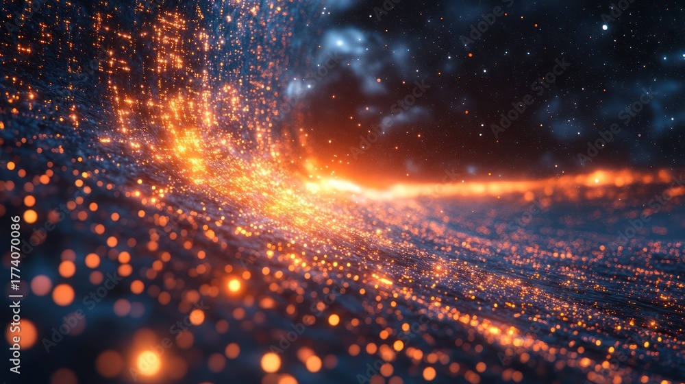 Naklejka premium Fiery cosmic wave, night sky, energy flow, abstract background, VFX