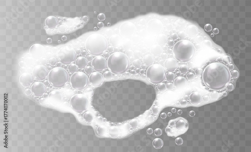 Realistic white soap foam shape with bubbles on transparent background vector illustration