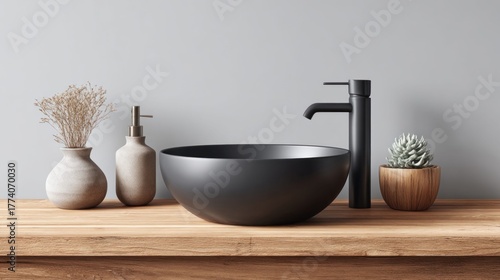 Fototapeta Naklejka Na Ścianę i Meble -  Modern bathroom interior with black sink, faucet, and decorative elements