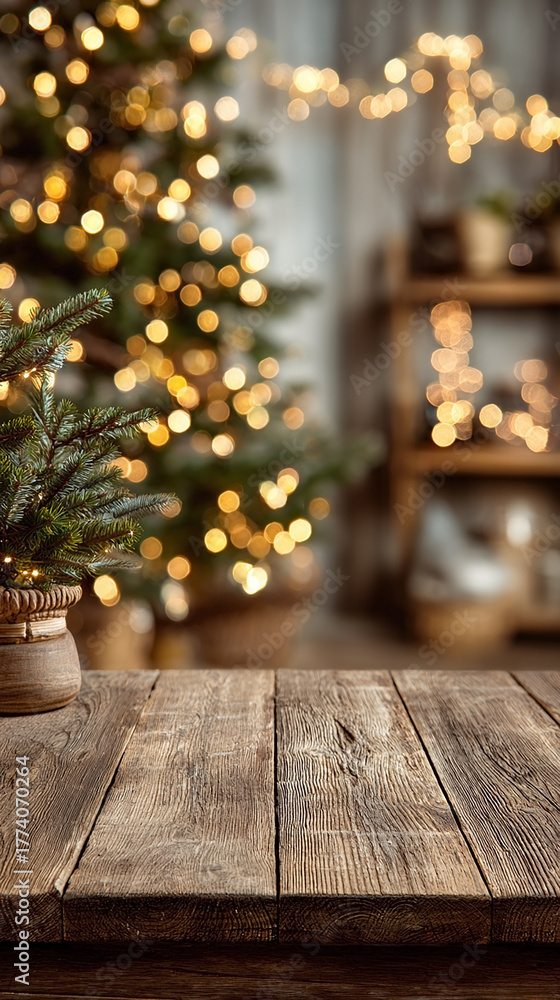 Fototapeta premium Christmas background with a Christmas tree and garland lights. Decorated homemade Christmas tree with garland and wooden background. Wooden table in the foreground and Christmas tree in the background